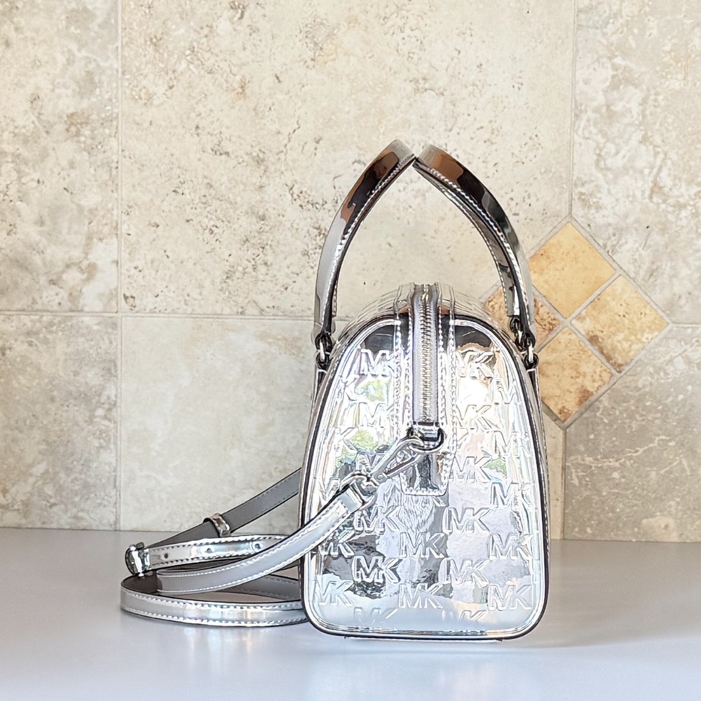 Michael Kors Travel MD Mirror Metallic Shoulder Duffle Bag MK Silver - Picture 6 of 13